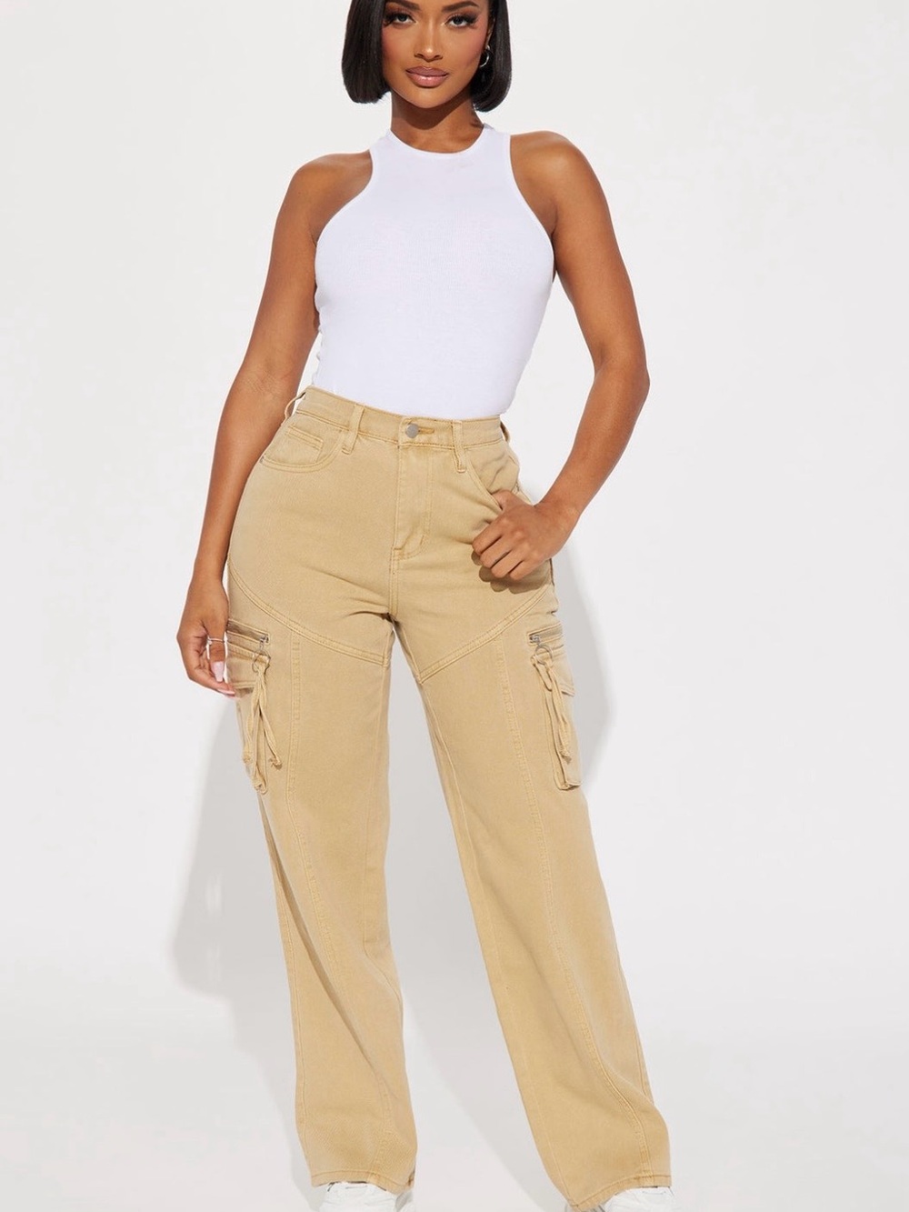 Fashion Nova Beige Cargo Wide-Leg Jeans